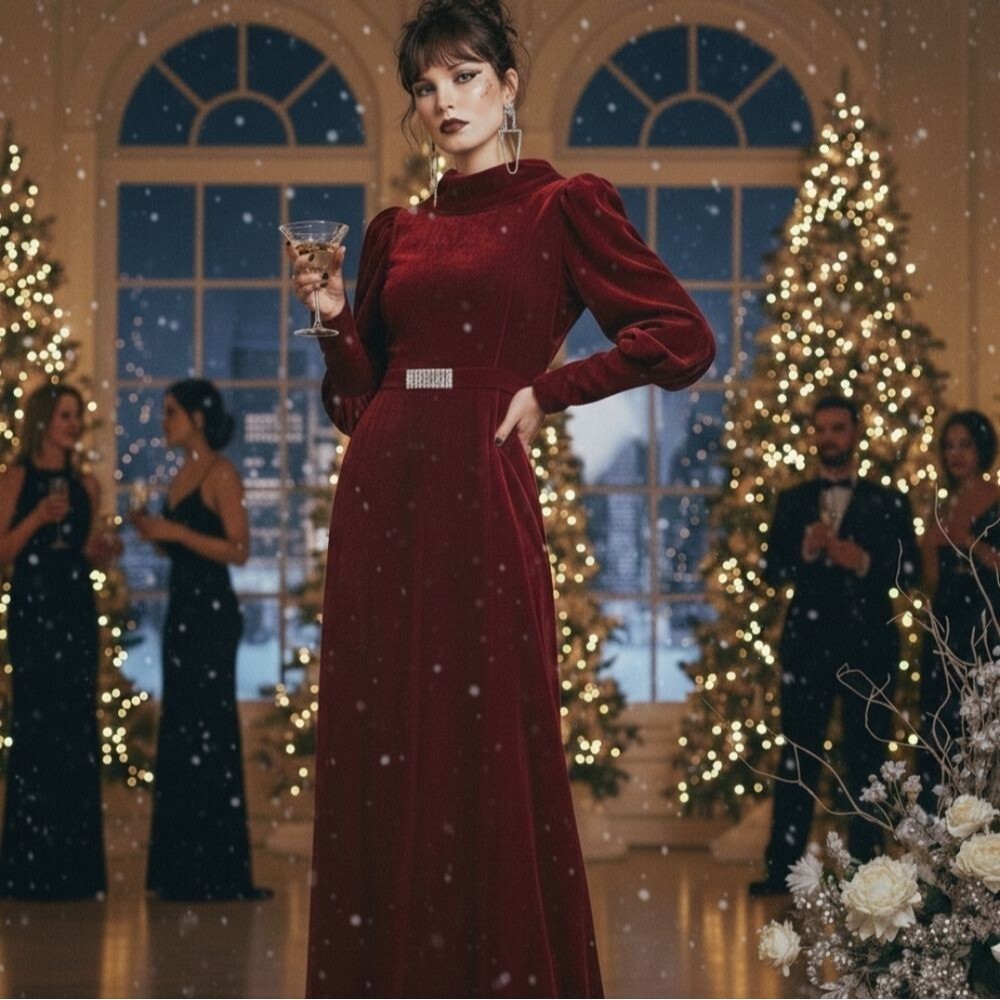 Vintage 1930s-1940s Red Velvet Full-Length Gown